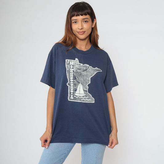 90s Minnesota State Map Sailboat T Shirt Navy Blue Screen Stars Extra Large