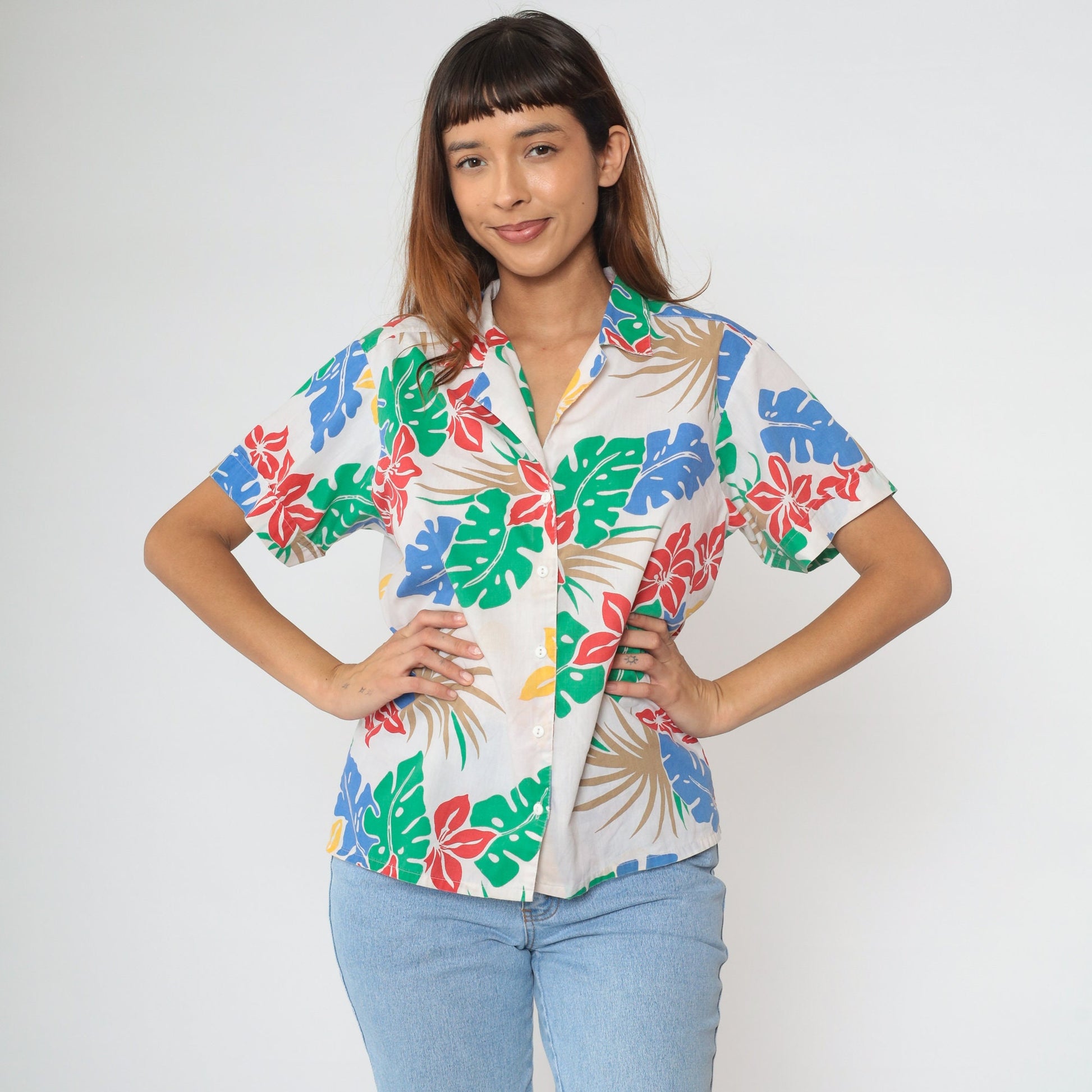 80s Tropical Floral Cotton Button-Up Blouse White Leaf Print Short Sleeve Medium