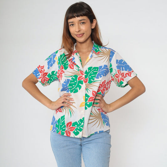 80s Tropical Floral Cotton Button-Up Blouse White Leaf Print Short Sleeve Medium