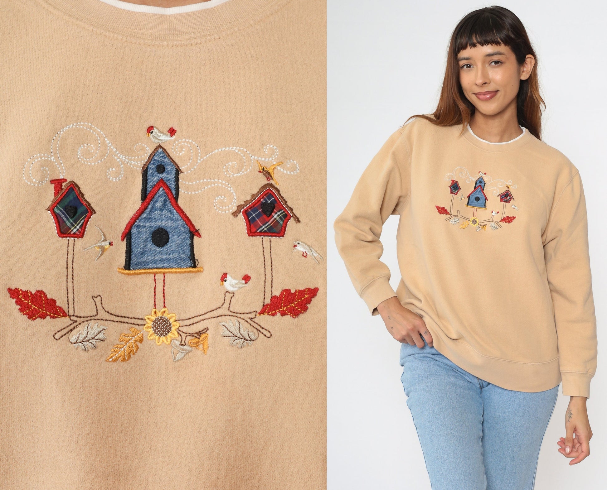 90s Birdhouse Embroidered Sweatshirt Tan Crewneck Large L