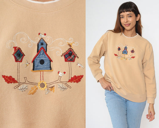 90s Birdhouse Embroidered Sweatshirt Tan Crewneck Large L
