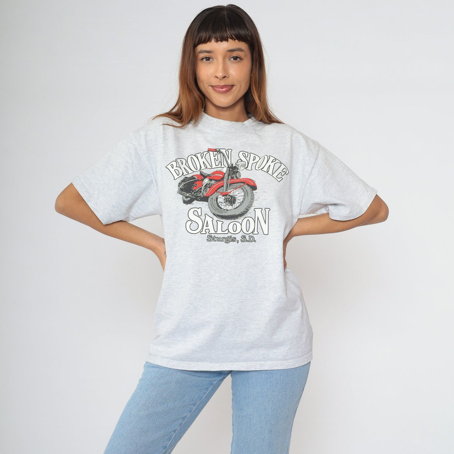90s Sturgis Motorcycle Rally Broken Spoke Saloon Graphic Tee Grey Cotton Large