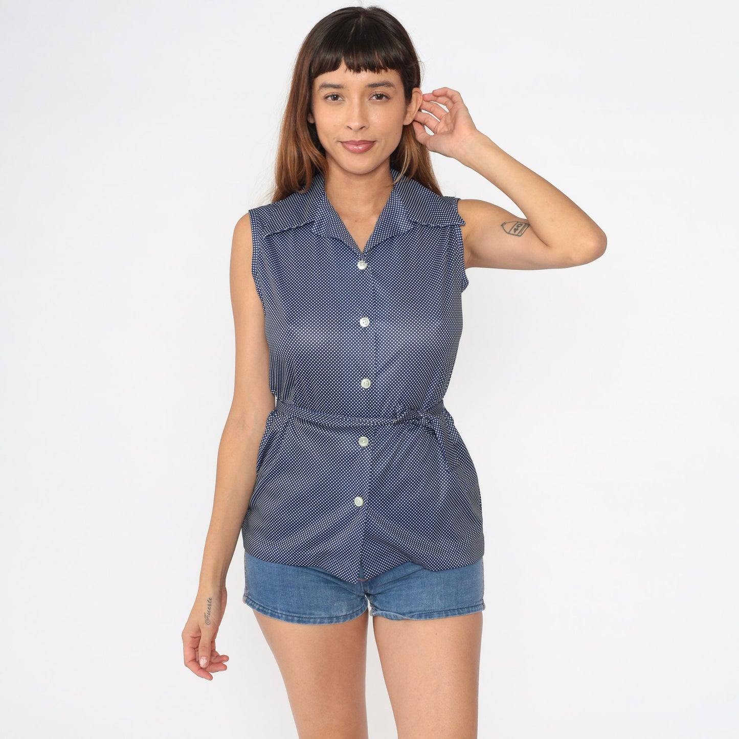 70s Navy Polka Dot Sleeveless Blouse Dagger Collar Button Up Small S