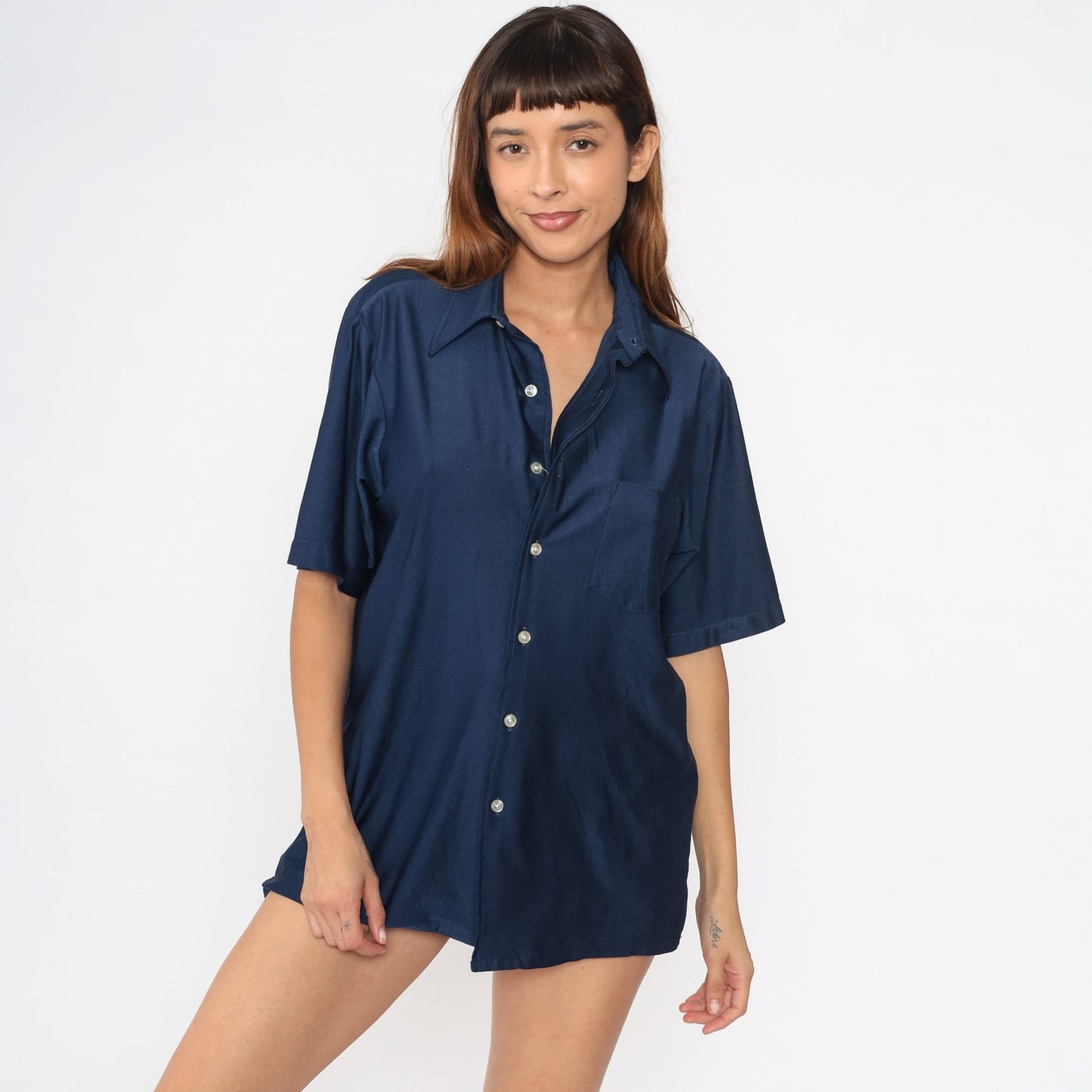 70s Navy Button-Up Shirt Dagger Collar Shiny Disco Short Sleeve Large