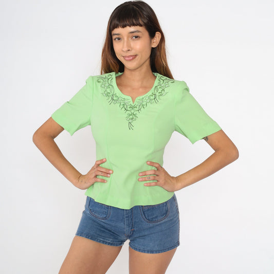 80s Light Green Floral Embroidered Blouse Short Sleeve Fitted Princess Seam Extra Small