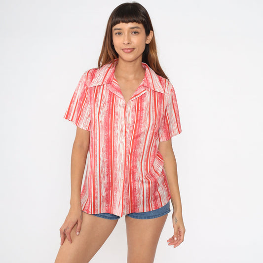 70s Graff Striped Button-Up Blouse Coral Red Orange White Short Sleeve Large
