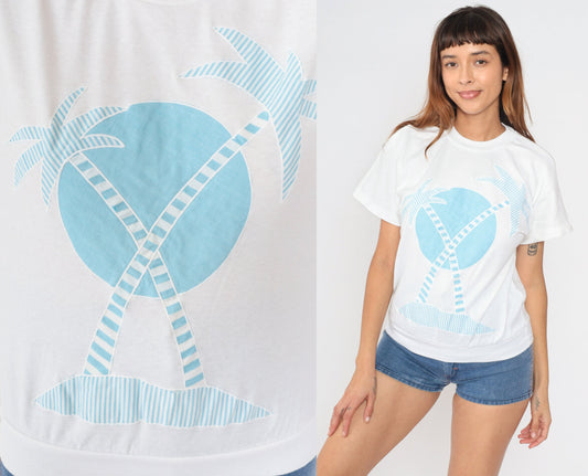 80s White Stag Palm Tree Graphic T-Shirt Blue Sun Banded Hem Medium