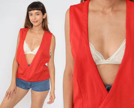 70s Red Wrap Vest Plunge Neckline Sleeveless Top Medium
