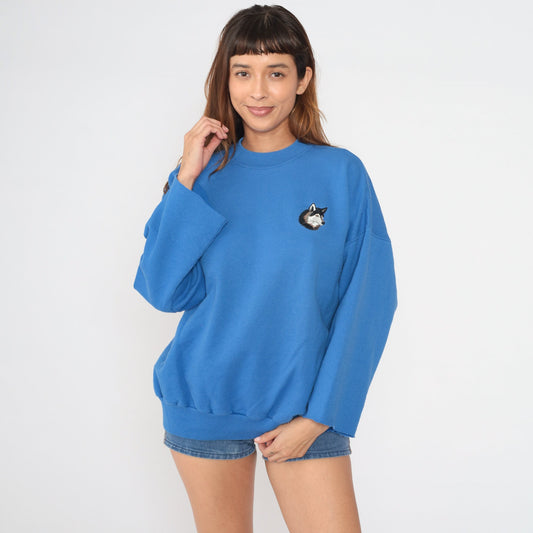 90s Blue Wolf Embroidered Sweatshirt Cutoff Crewneck Plus Size XXL