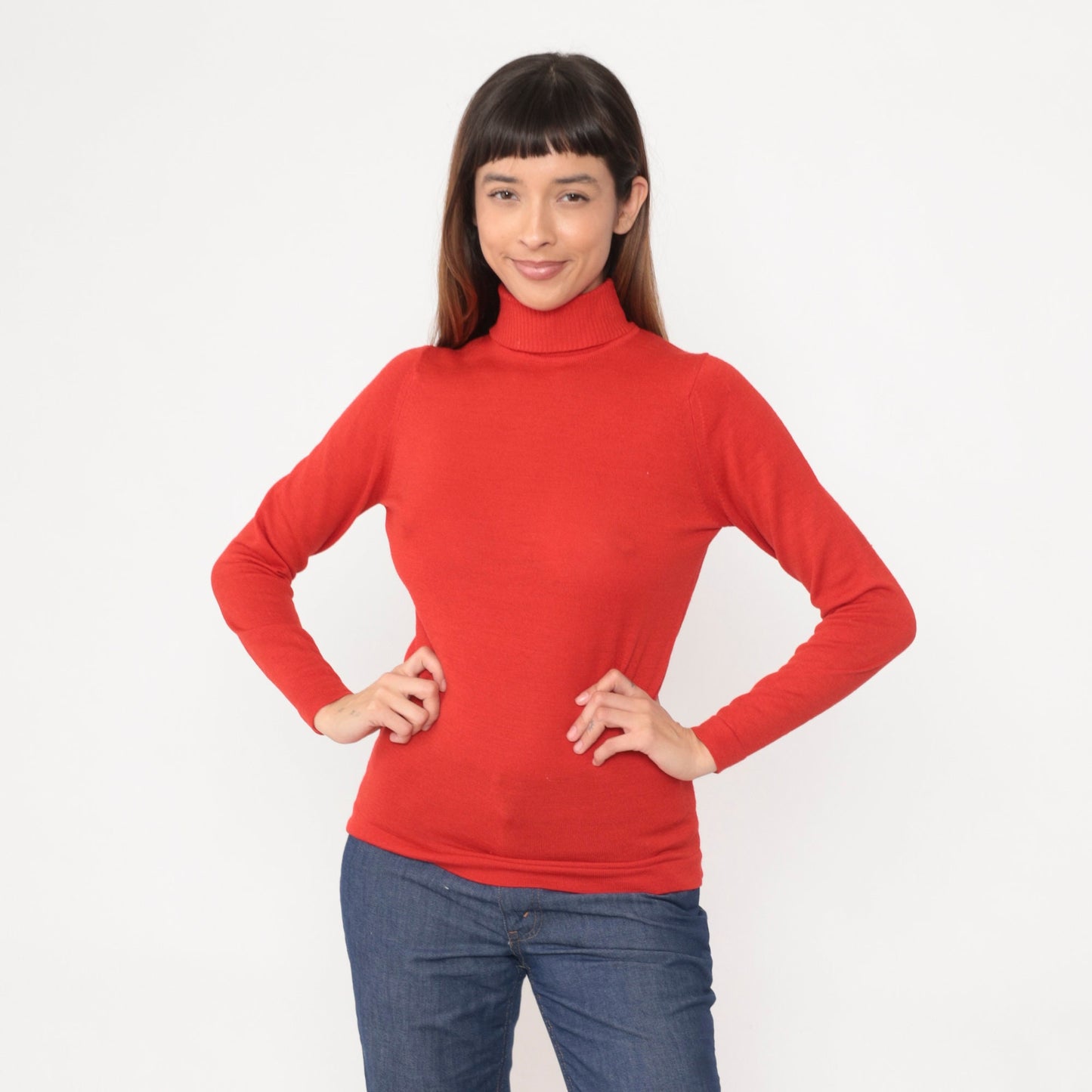 70s Red Wool Blend Turtleneck Sweater Long Sleeve Ribbed Knit Small