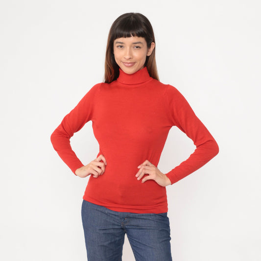 70s Red Wool Blend Turtleneck Sweater Long Sleeve Ribbed Knit Small