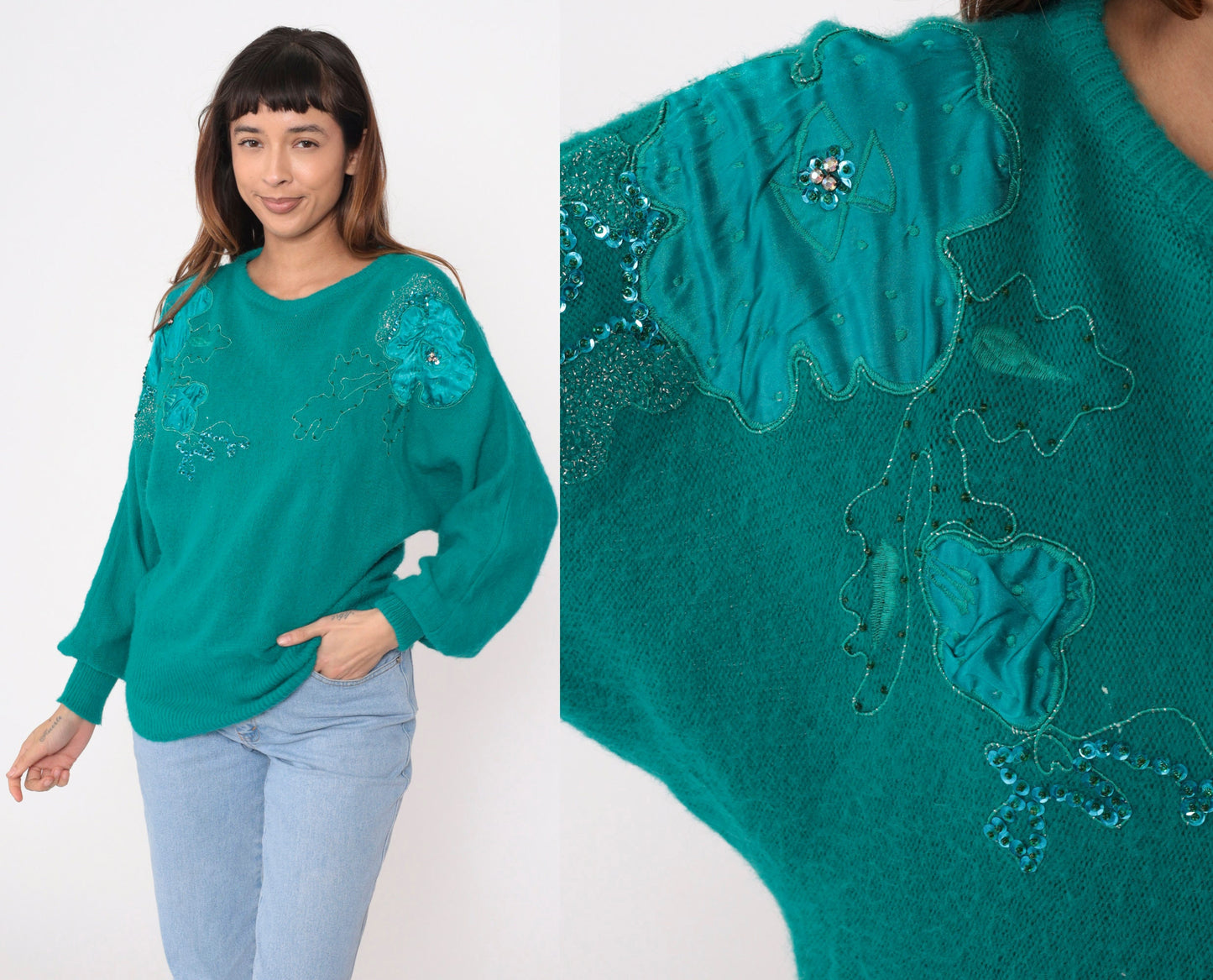 80s Green Sequin Floral Sweater Beaded Dolman Sleeve Knit Medium