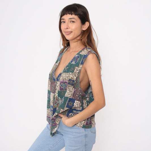 90s Southwestern Patchwork Geometric Button Vest Sleeveless Blue Green Purple Extra Large XXL
