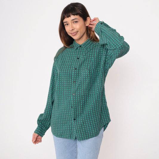 90s Green Black Checkered Button-Up Oxford Shirt Long Sleeve Men's Medium