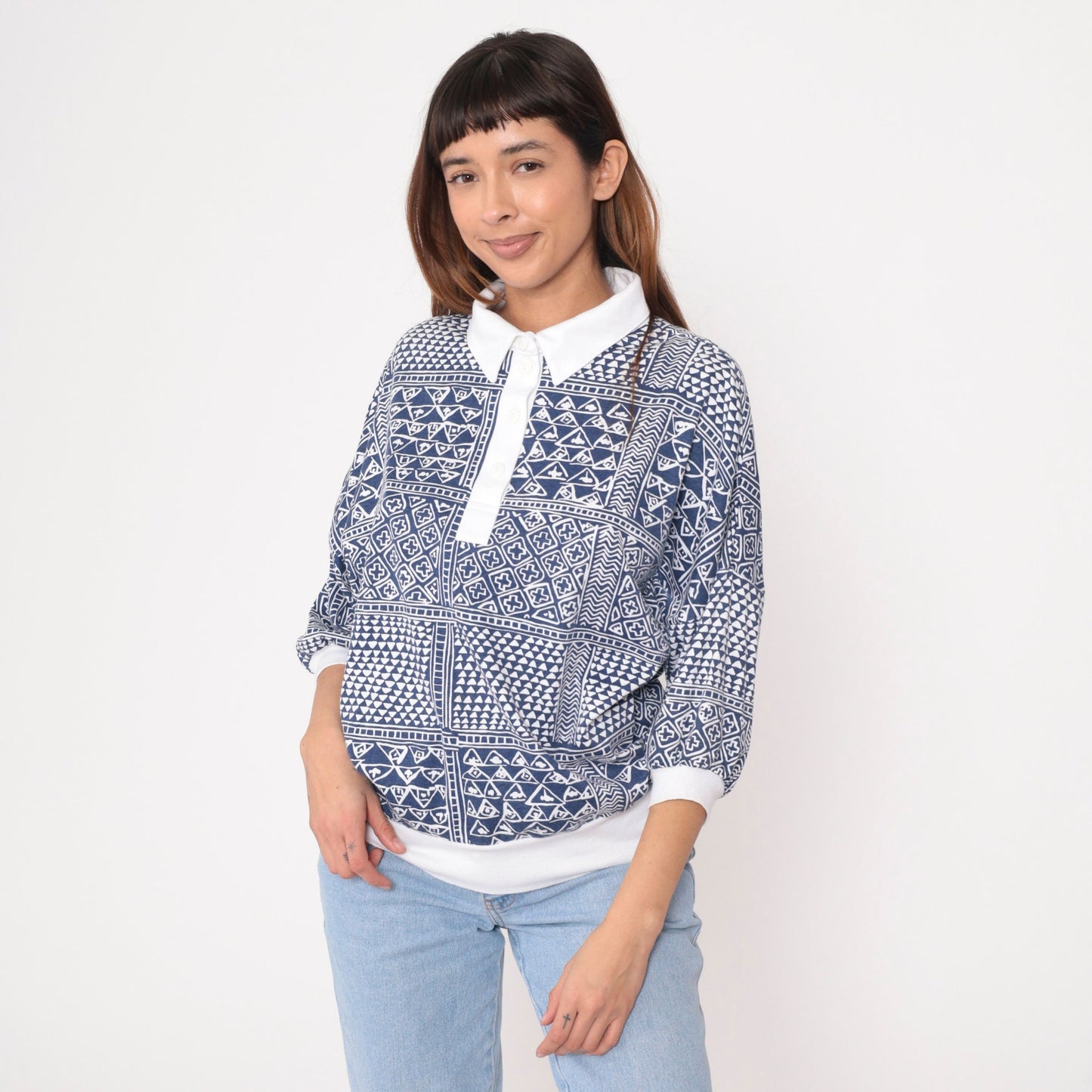 90s Drapers & Damons Polo Shirt Geometric Print Blue White Dolman Sleeve Large