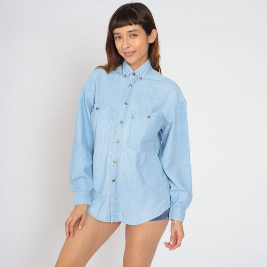 90s Levi's Blue Denim Button-Up Shirt Cotton Long Sleeve Small S