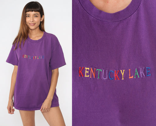 90s Kentucky Lake Purple Rainbow Embroidered T-Shirt Tourist Tee Extra Large XL