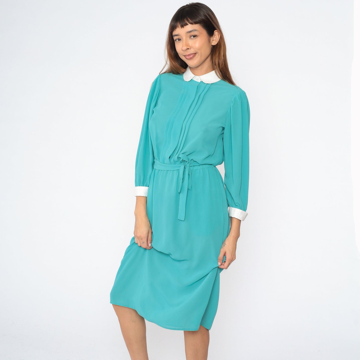80s Turquoise Midi Dress Peter Pan Collar Puff Sleeve High Waist Small