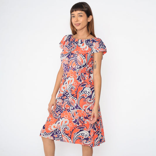 70s Psychedelic Paisley Midi Dress Off-Shoulder High Waist Purple Orange Small
