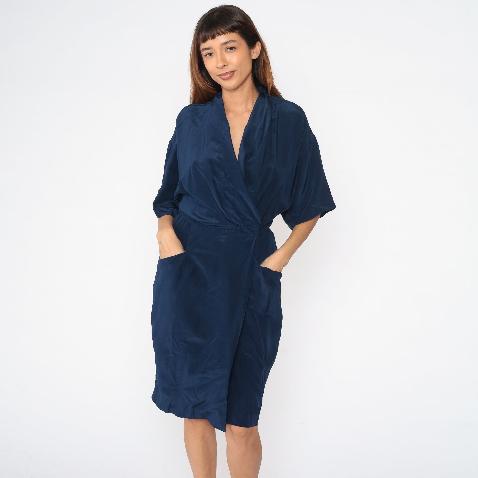 90s Navy Silk Wrap Dress Midi V-Neck High Waist Half Sleeve Small