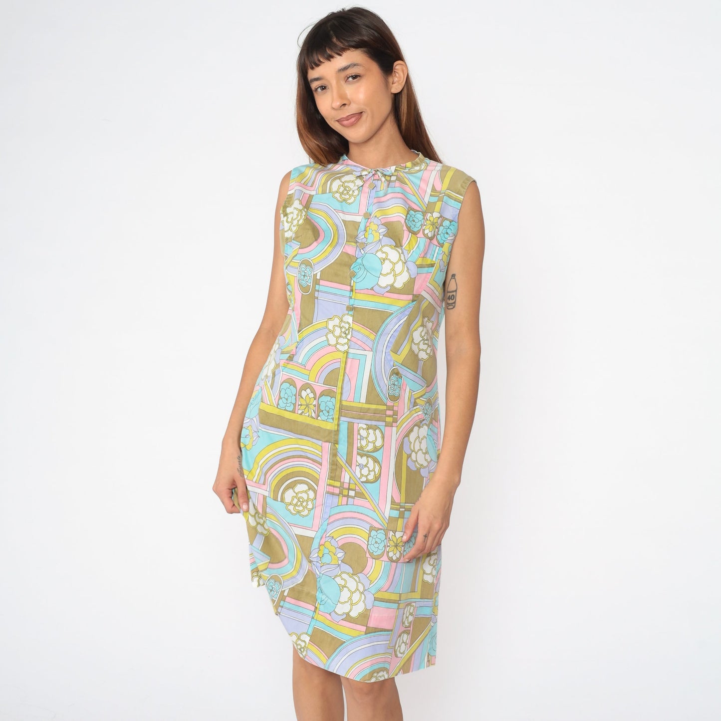 60s Psychedelic Floral Midi Dress Sleeveless Shift Cotton Medium