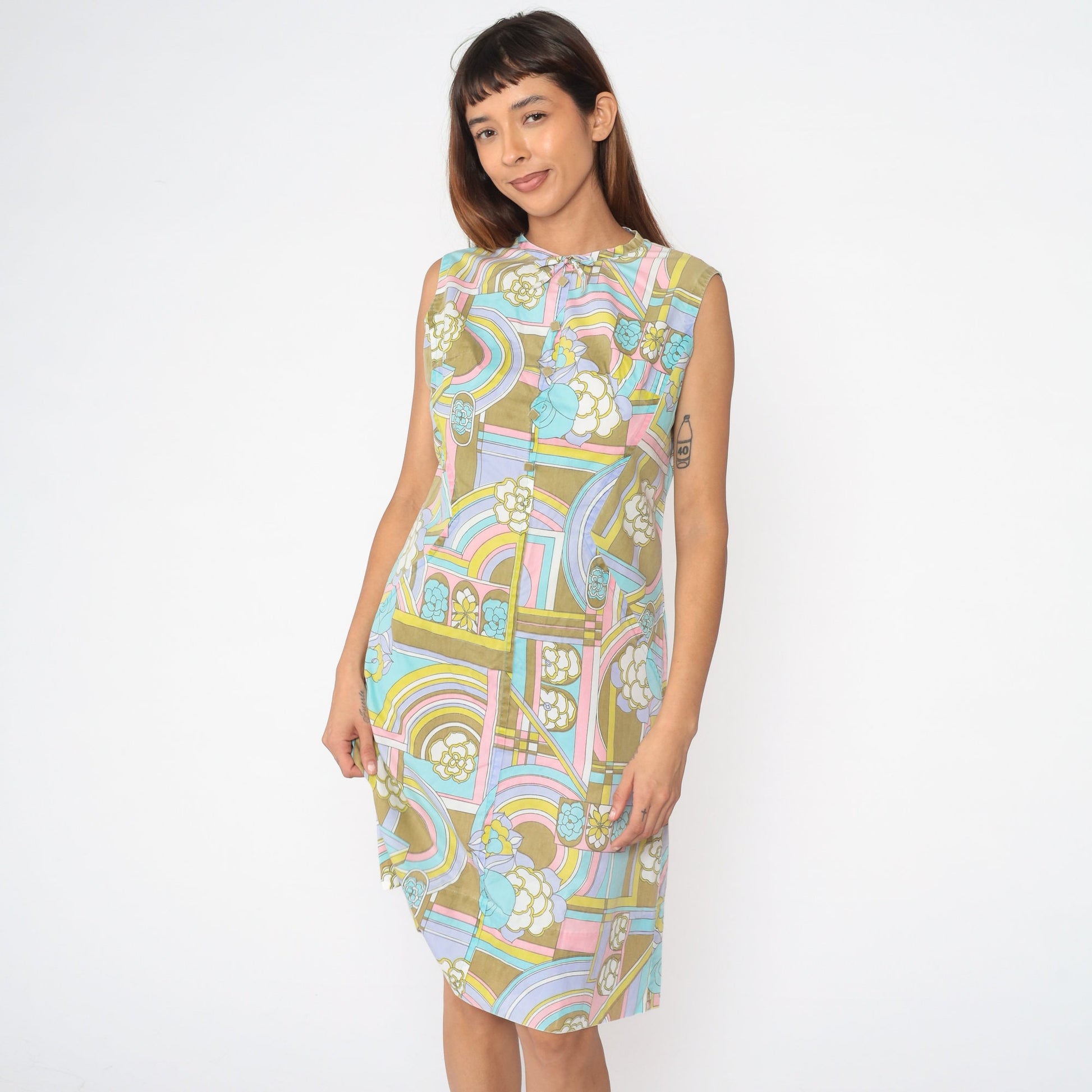 60s Psychedelic Floral Midi Dress Sleeveless Shift Cotton Medium