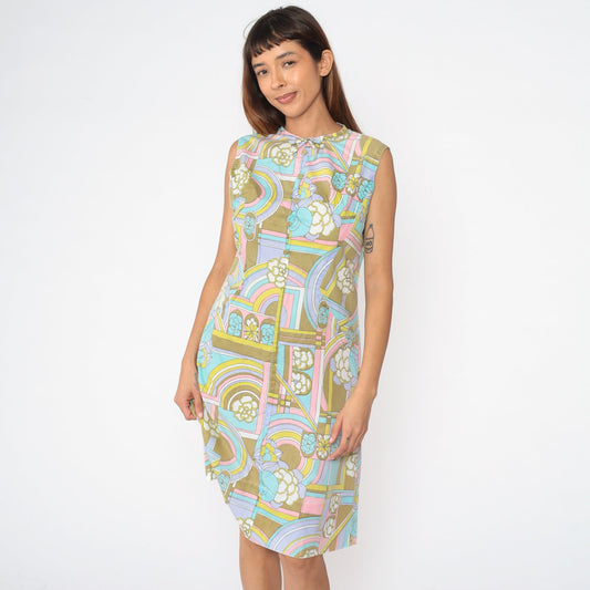 60s Psychedelic Floral Midi Dress Sleeveless Shift Cotton Medium