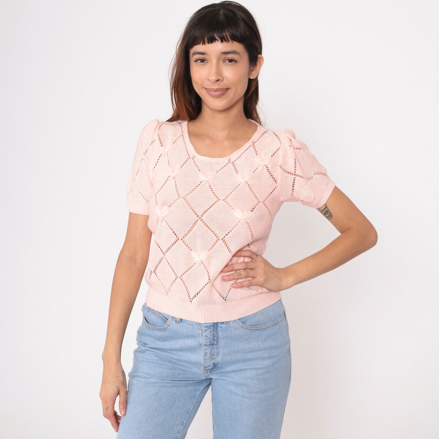80s Baby Pink Pointelle Knit Top Pearl Beaded Puff Sleeve Cutout Small