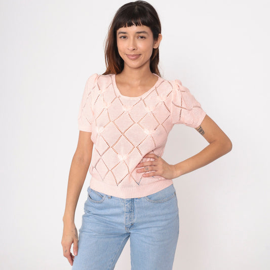 80s Baby Pink Pointelle Knit Top Pearl Beaded Puff Sleeve Cutout Small