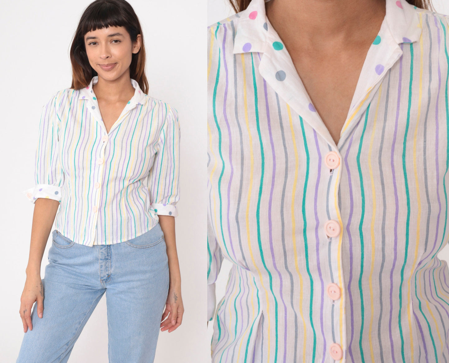 80s Striped Puff Sleeve Blouse White Polka Dot Trim Button Up Collared Top Extra Small