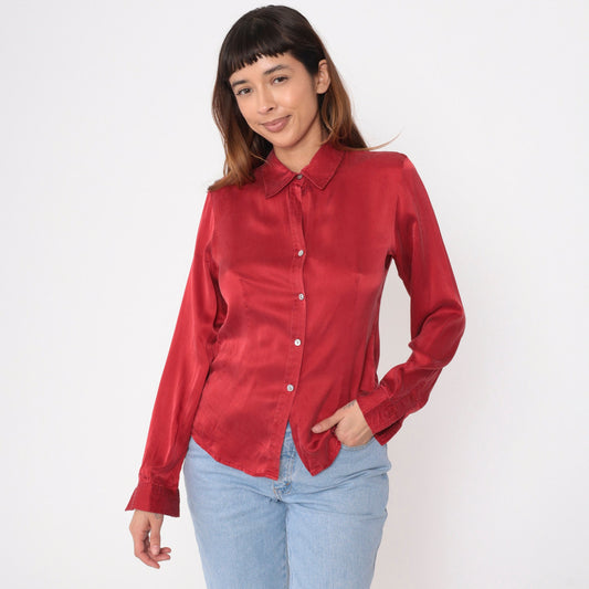 90s Red Silk Button-Up Blouse Long Sleeve Vintage Shirt Small 6