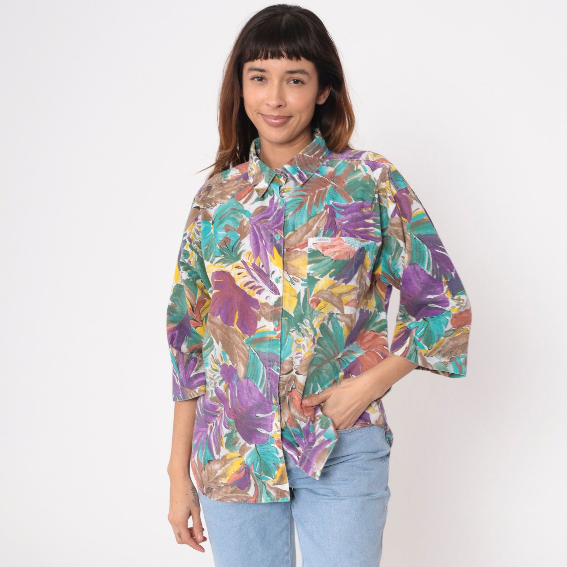 90s Tropical Leaf Print Button-Up Blouse Turquoise Purple 3/4 Sleeve Large