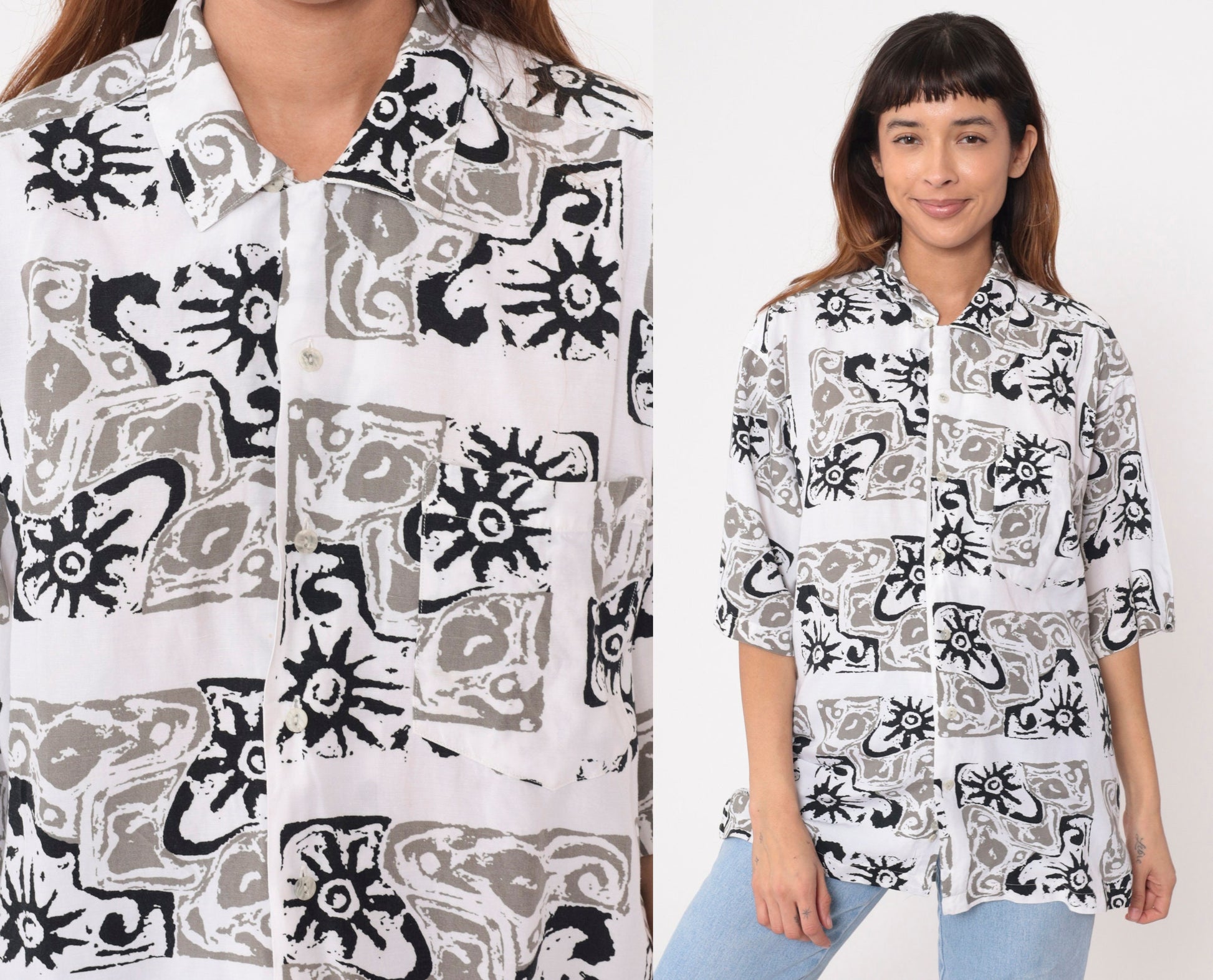 90s Celestial Sun Print Button Up Shirt Black White Geometric Medium