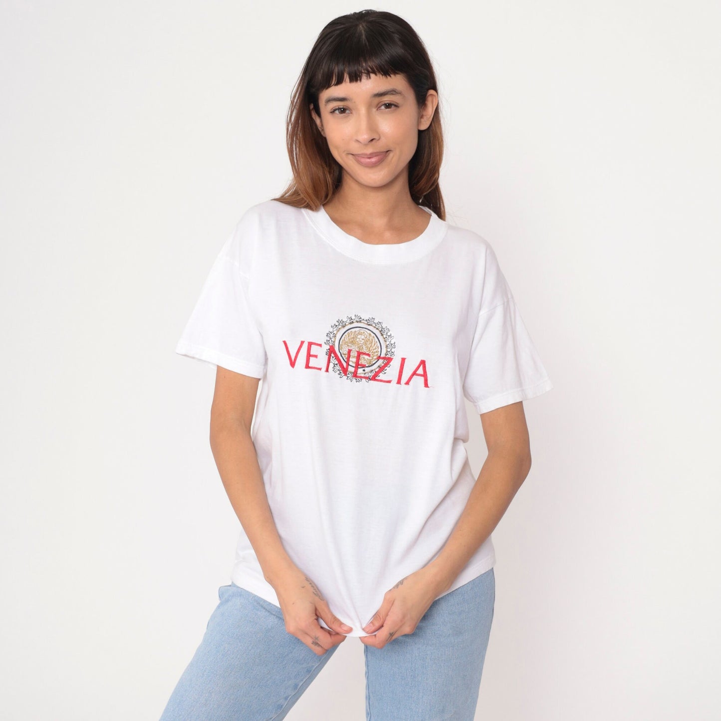 90s Venezia Venice Italy T Shirt Gold Lion Crest Embroidered White Small