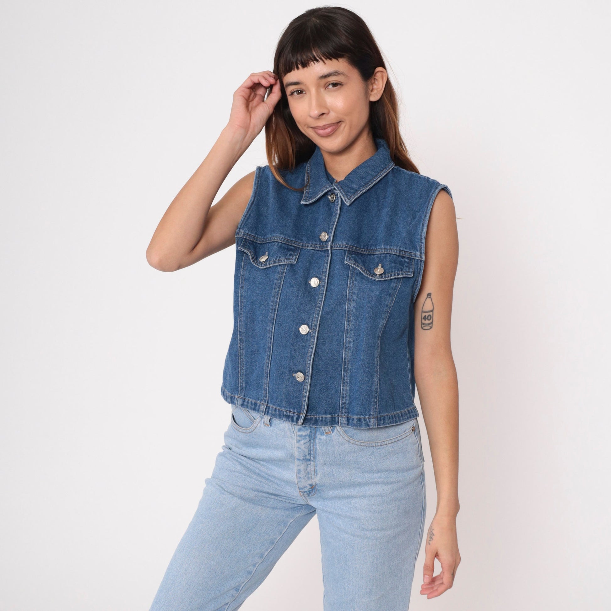 90s Blue Denim Sleeveless Button-Up Shirt Collared Tank Medium