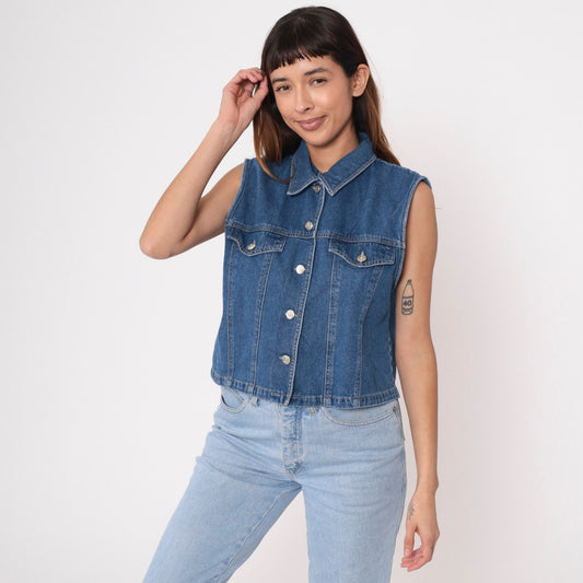 90s Blue Denim Sleeveless Button-Up Shirt Collared Tank Medium