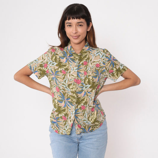 90s Floral Button-Up Shirt Tan Rayon Flower Print Blouse Medium