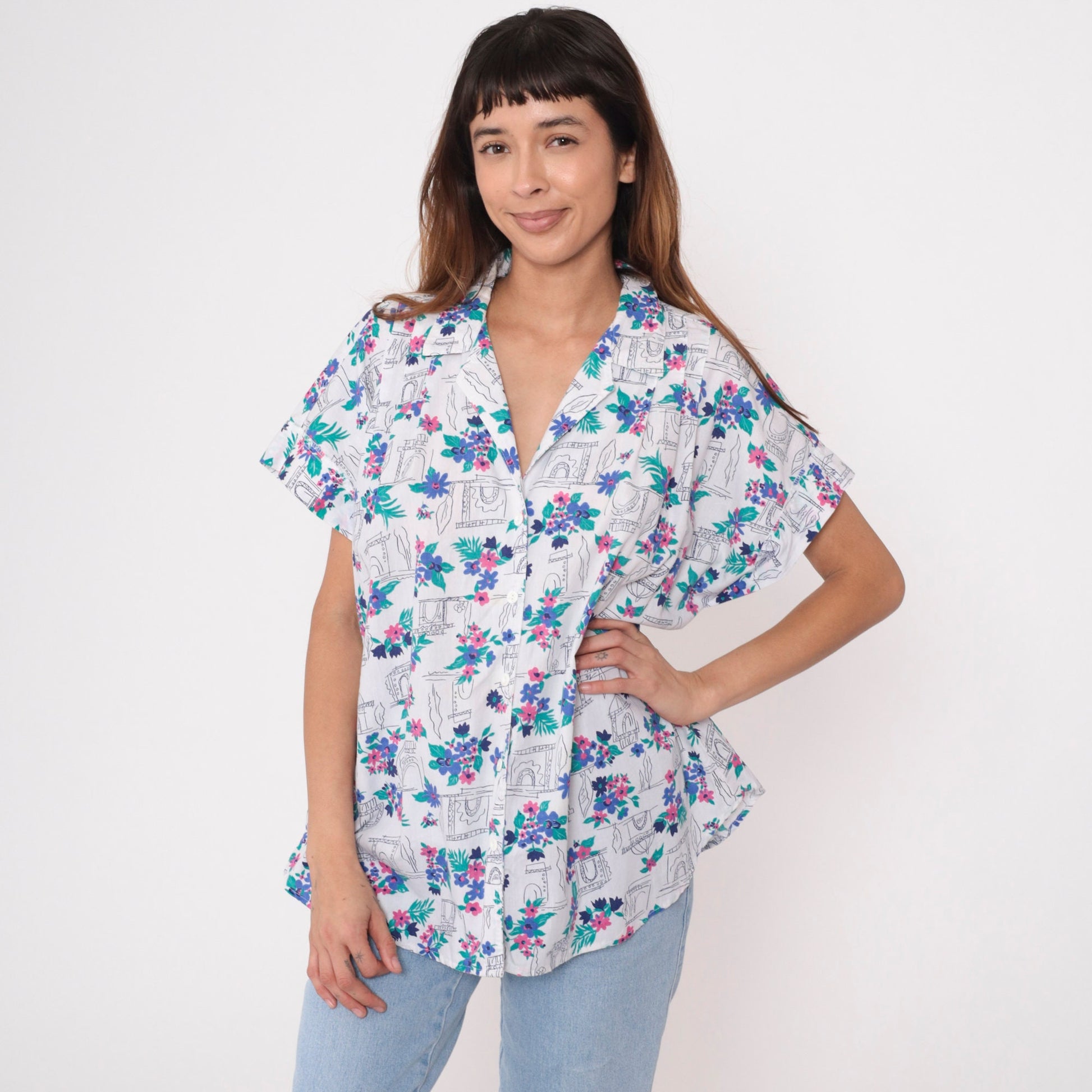 90s White Floral Arch Print Button-Up Blouse Plus Size 18W Short Sleeve