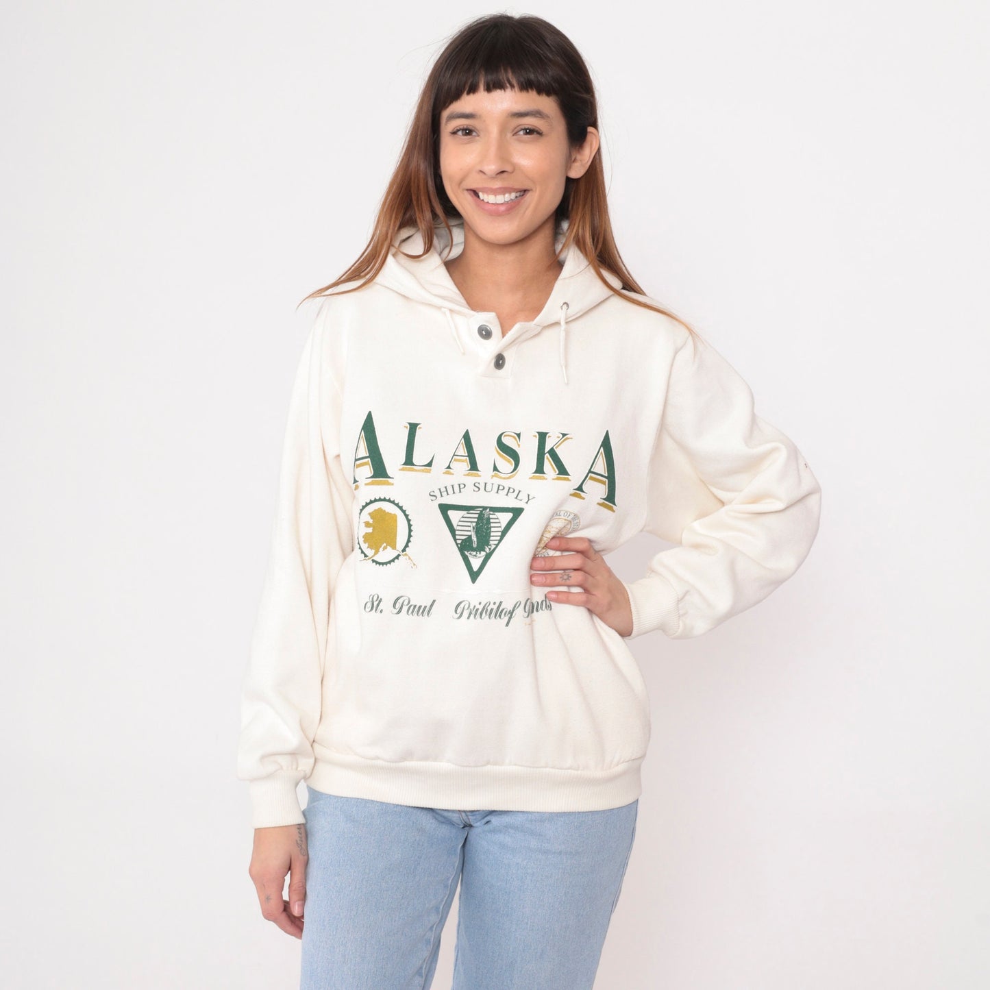 90s St. Paul Island Alaska Hooded Sweatshirt Cream Graphic Medium