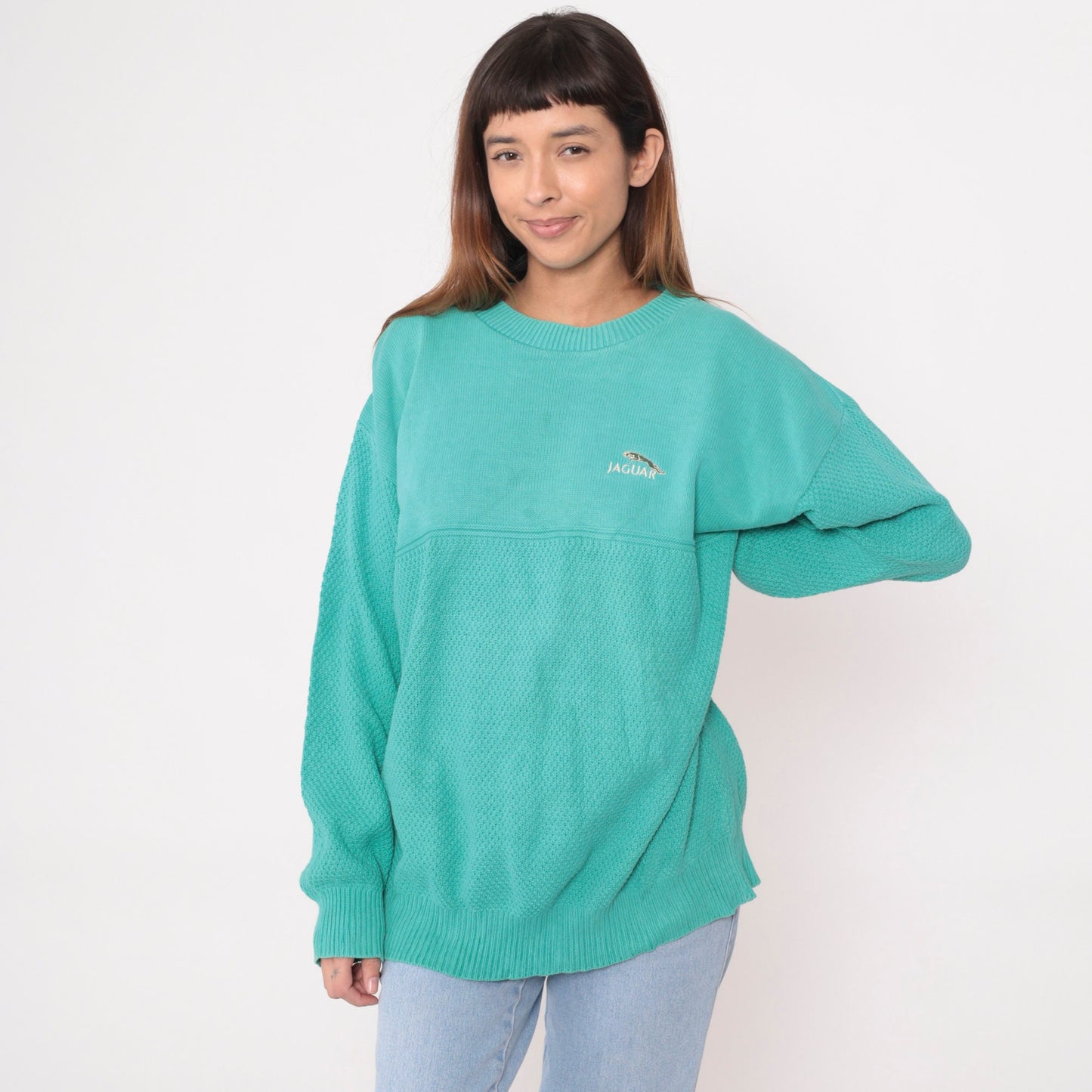 90s Andrew Rohan Jaguar Cotton Knit Sweater Aqua Green Extra Large XL