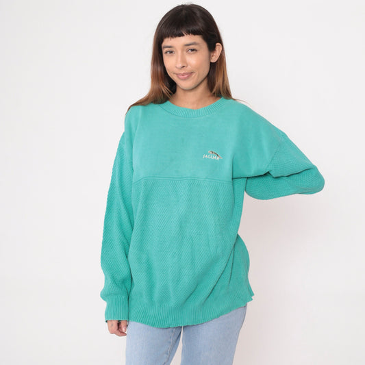 90s Andrew Rohan Jaguar Cotton Knit Sweater Aqua Green Extra Large XL