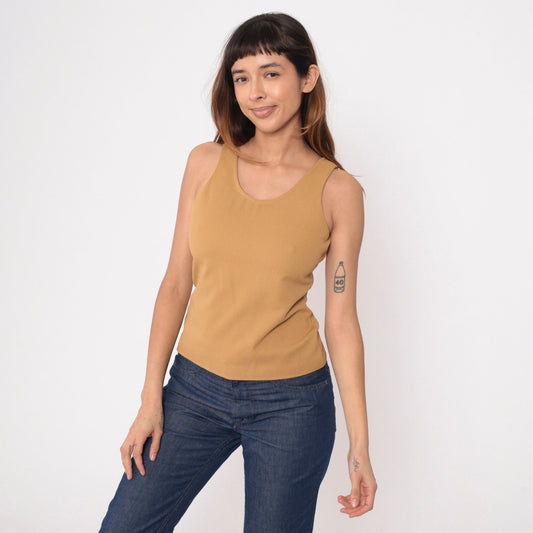 70s Tan Sleeveless Tank Top Round Neckline Rear Zipper Extra Small