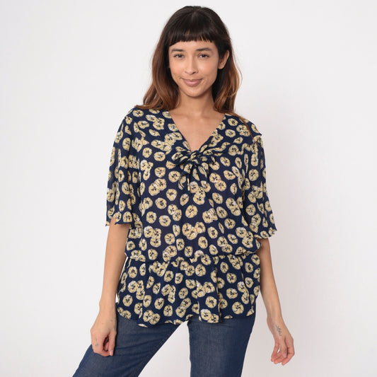 90s Navy Floral Blouse Tie Neck Peplum Flutter Sleeve Shirt Extra Large