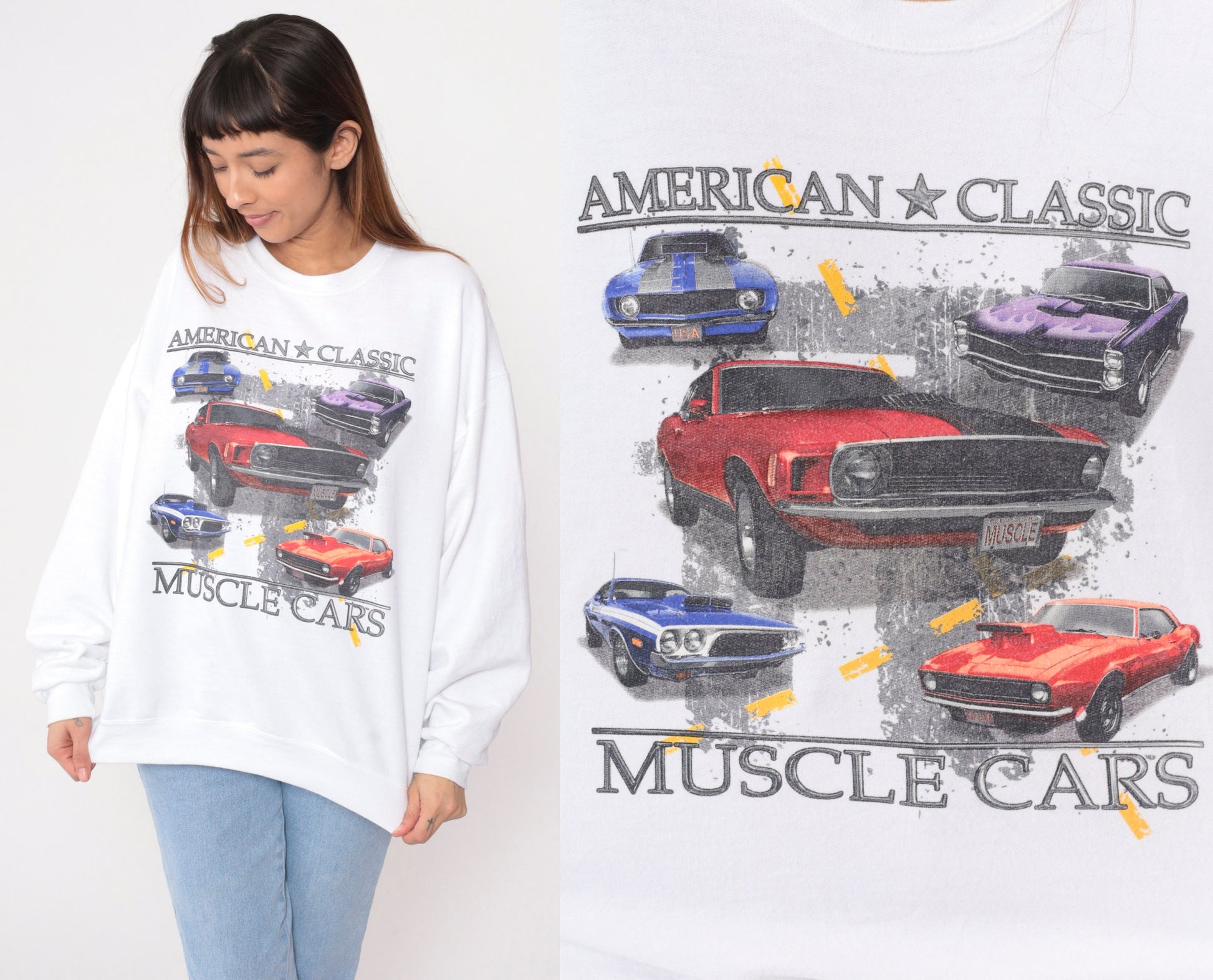 90s Muscle Car Sweatshirt American Classic Cars Graphic Crewneck White Large