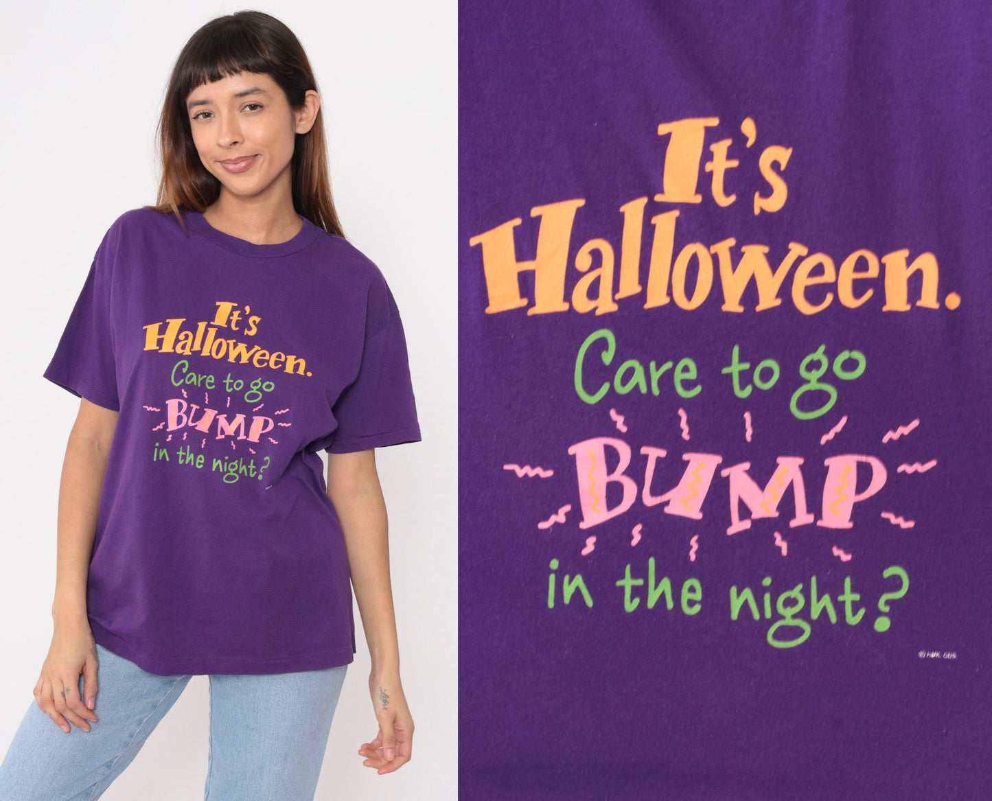 90s Hallmark Halloween Graphic T-Shirt Purple 'Bump In The Night' Medium