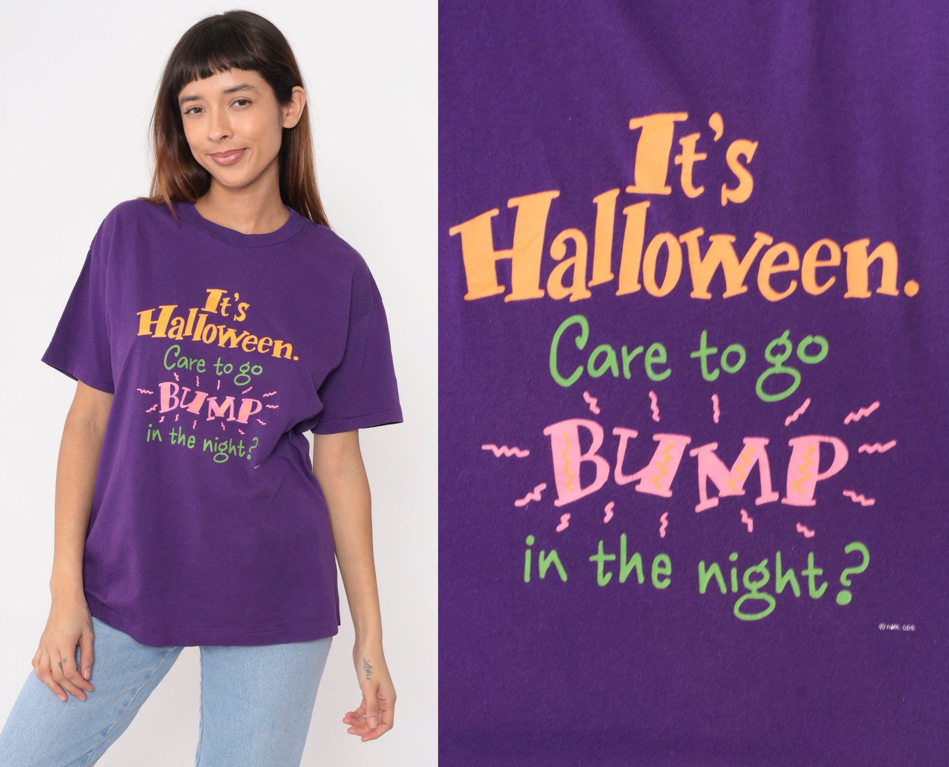 90s Hallmark Halloween Graphic T-Shirt Purple 'Bump In The Night' Medium