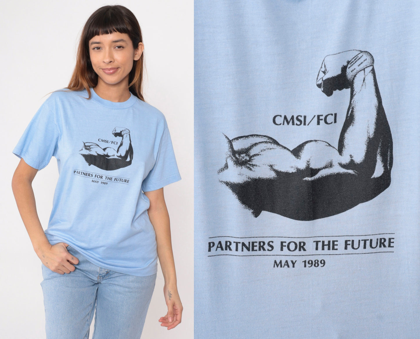80s Muscular Arm Graphic T-Shirt CMSI FCI Partners Baby Blue Medium