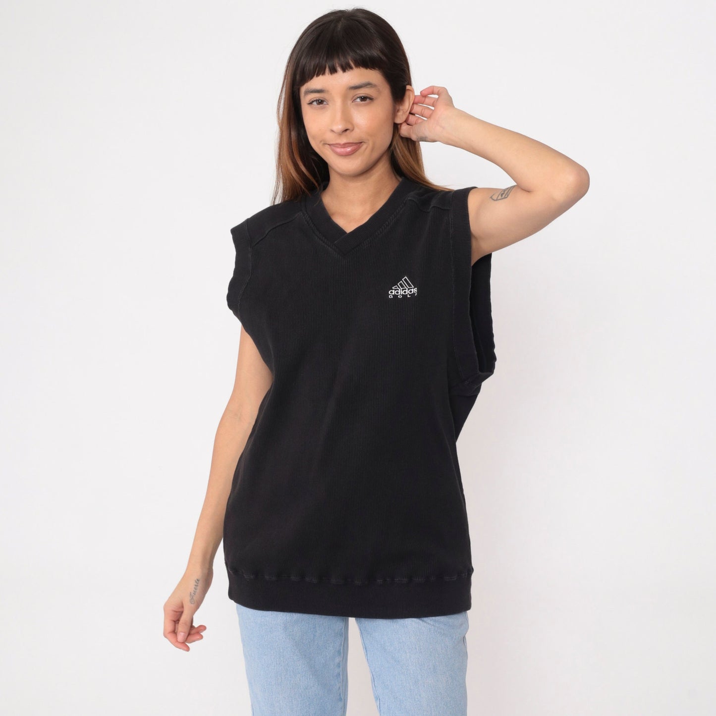 00s Adidas Golf Tank Top Black V-Neck Ribbed Cotton Medium