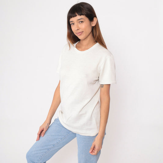 80s White Wool T-Shirt Cotton Lined Thermal Undershirt Medium