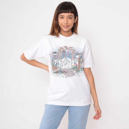 90s Garden Birdhouse Graphic T-Shirt White Cotton Tee Medium
